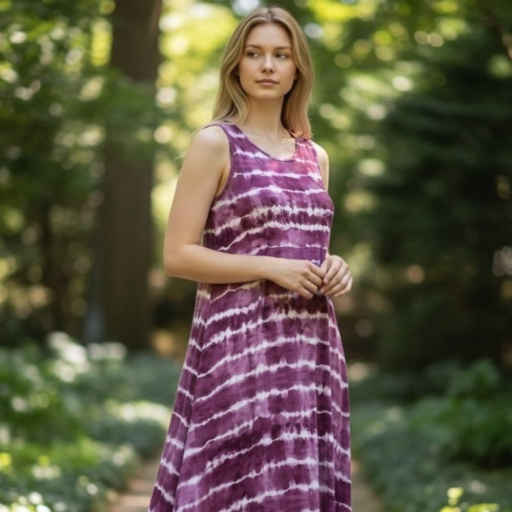 Athleta Santorini‎ Thera Dress Women M Purple Tie Dye Modal Spandex Fit Flare